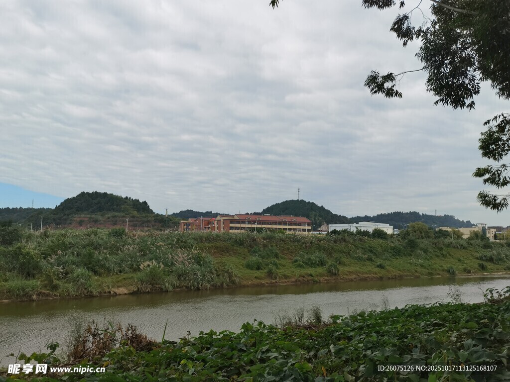河畔青山绿树自然风光