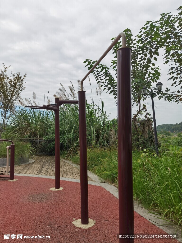 户外健身设施位于绿地旁