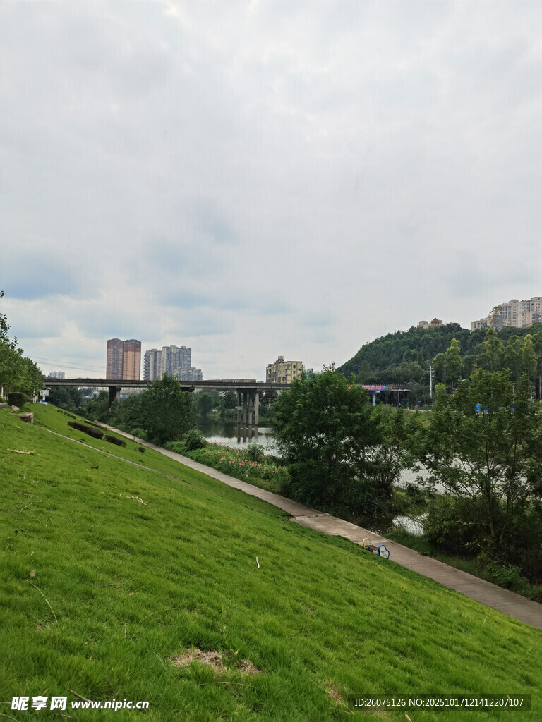 河畔绿地旁的城市风光