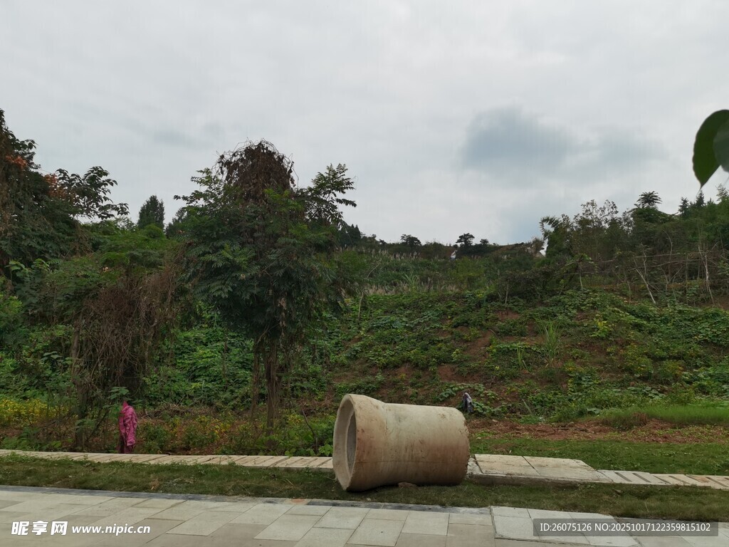 户外田园场景中的圆筒物件