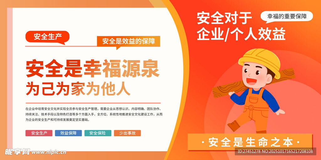 橙色简约风安全生产工地标语展板