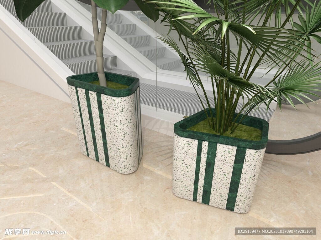楼梯旁条纹花盆绿植景观