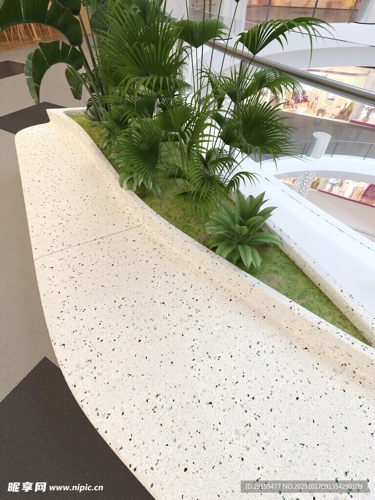 米白色水磨石台面绿植景观