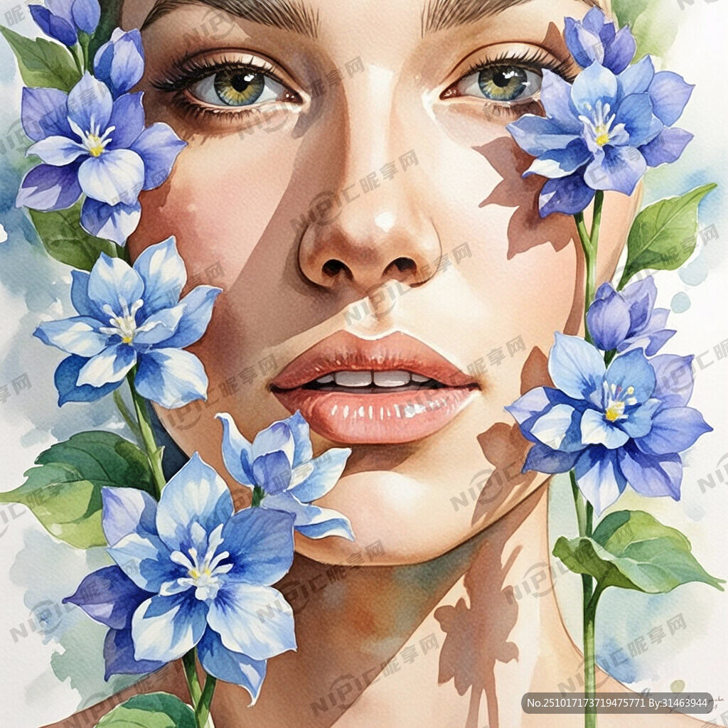 水彩风格 美女脸部的插画 