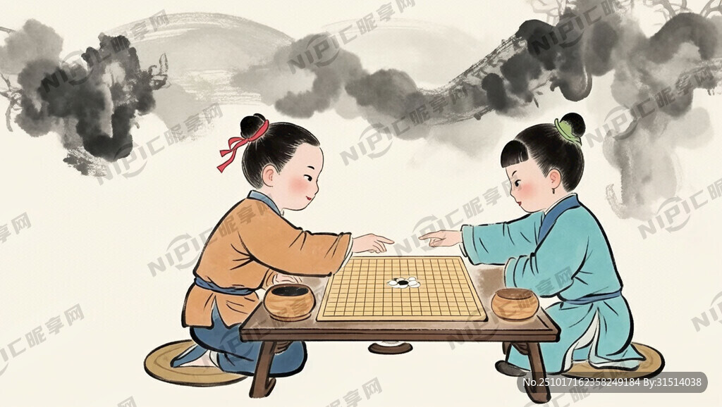围棋对弈  两个小孩 手绘