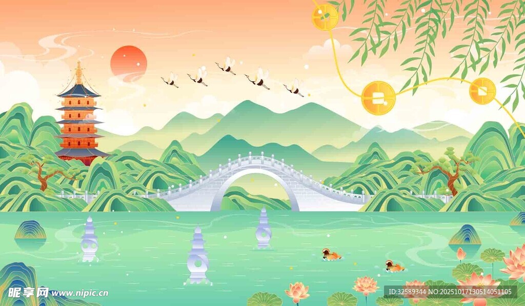 中式山水风景插画意境美