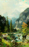 山间溪流风景油画