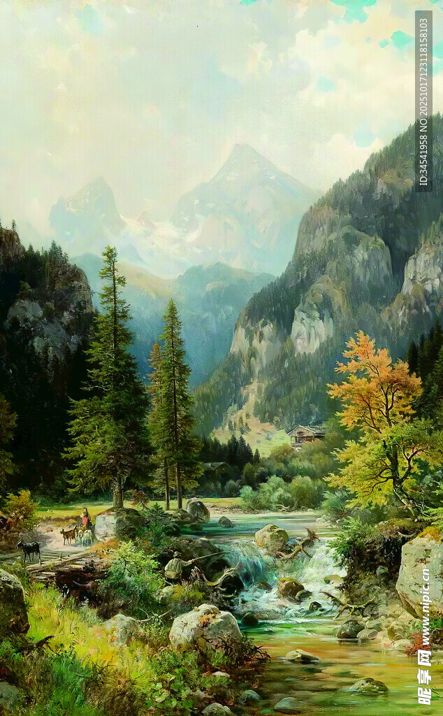 山间溪流风景油画
