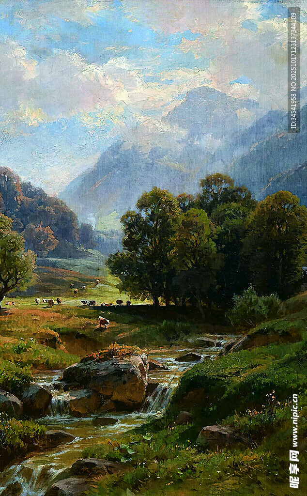 山间溪流风景油画