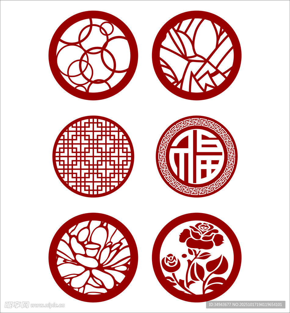 六幅圆形的红色剪纸图案