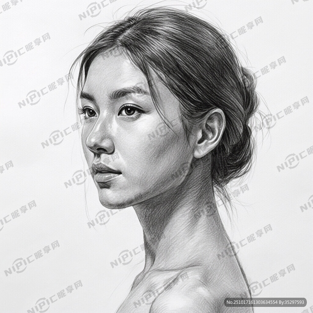 东方女人侧脸素描 