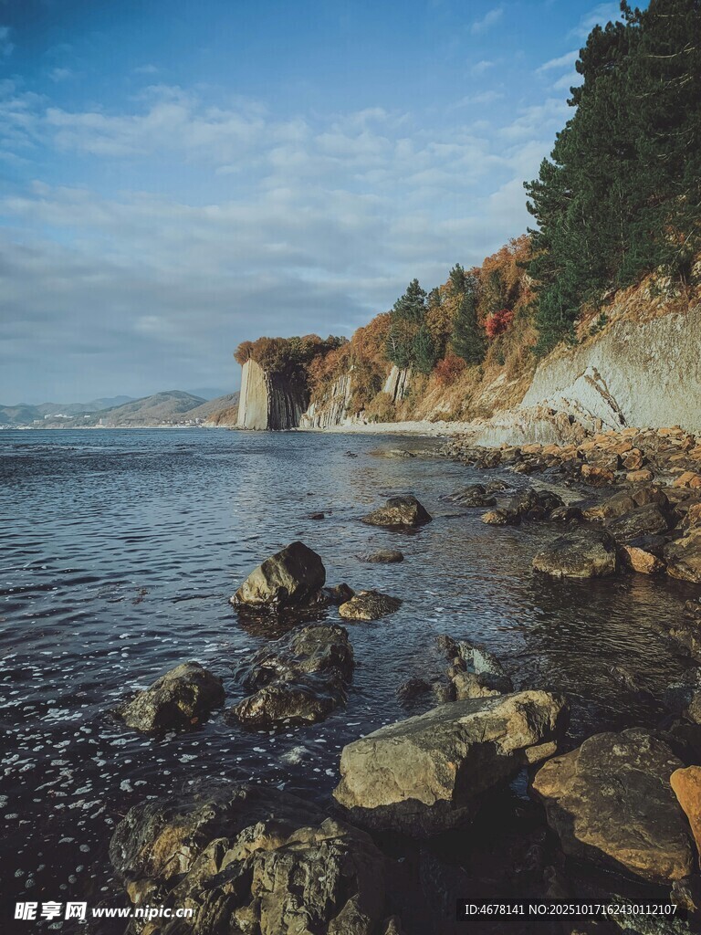 海岸边的岩石与葱郁山林