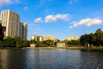 湖畔高楼与蓝天绿树美景