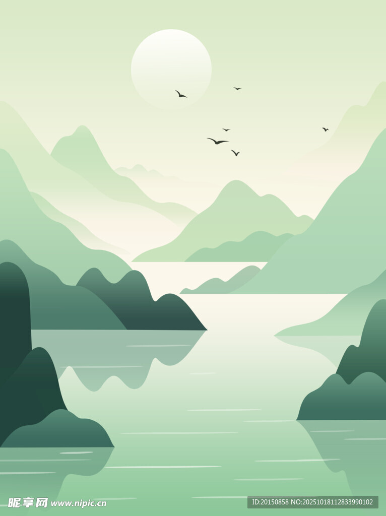 绿色新中式国风山水插画古风背景