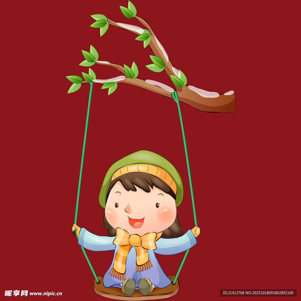 小孩在树枝秋千上开心玩耍