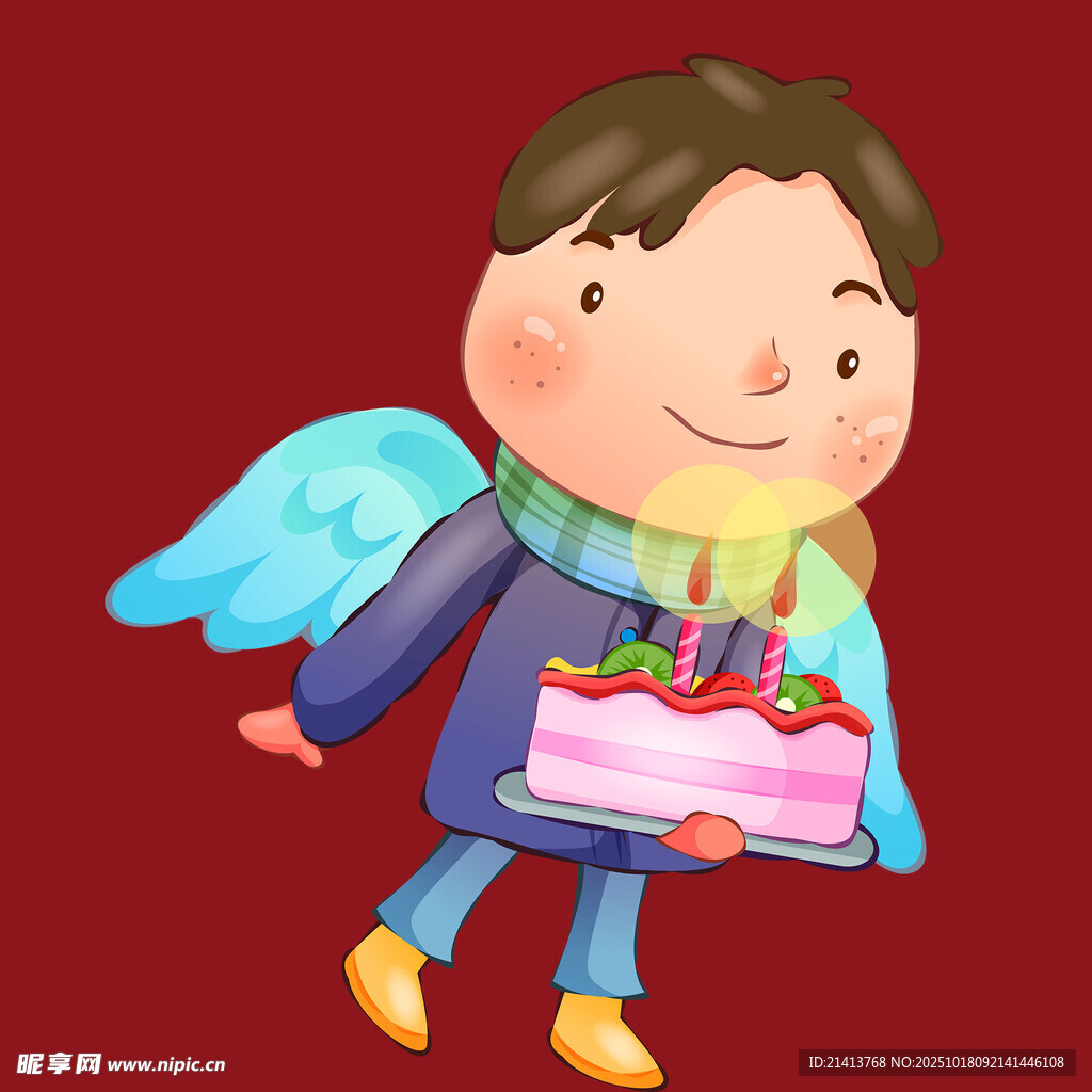 带翅膀男孩捧生日蛋糕