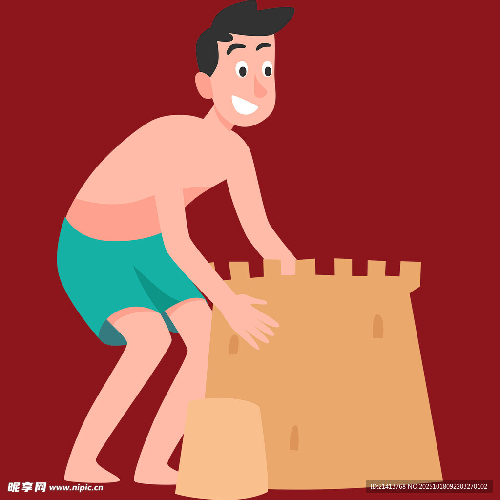 男孩专注搭建沙滩城堡