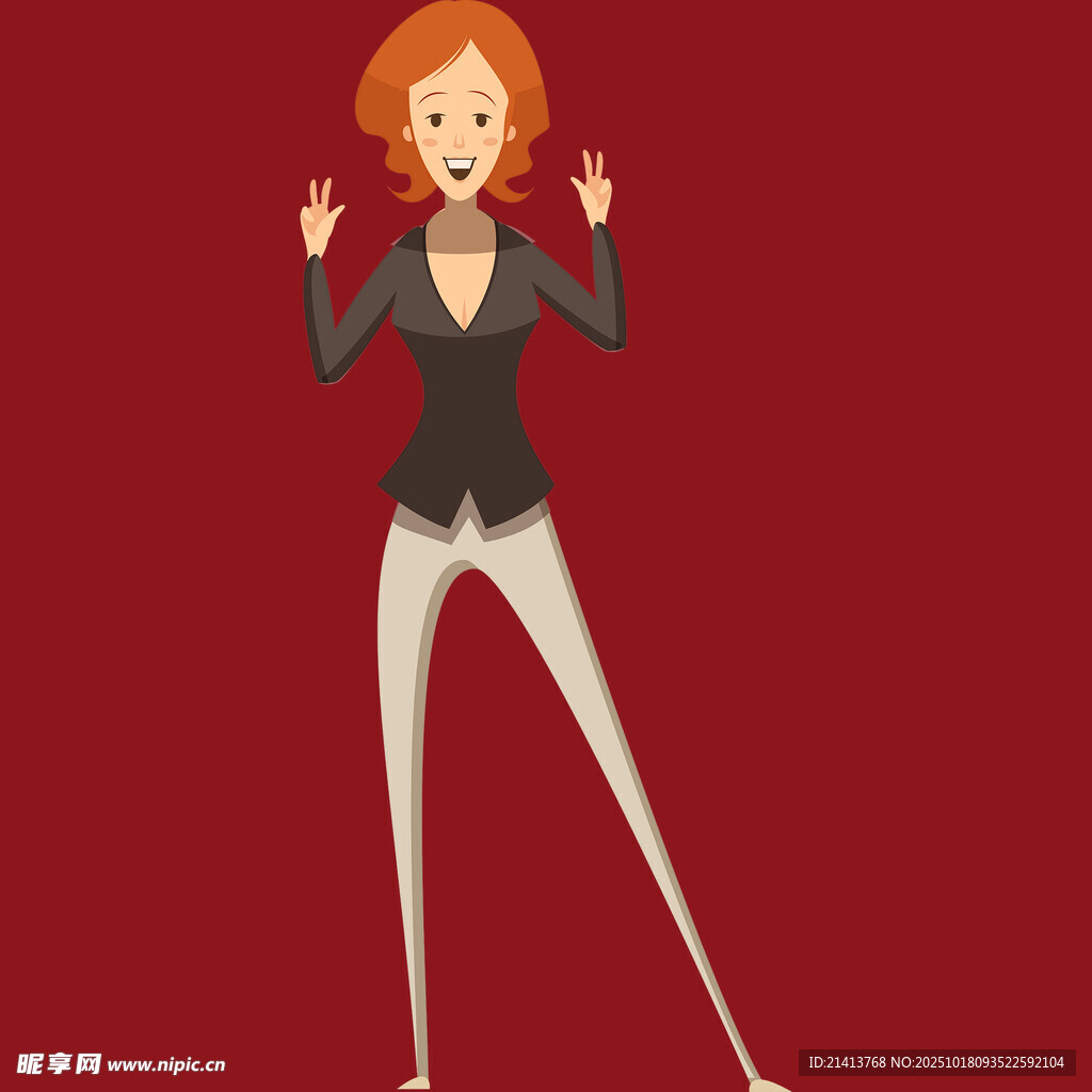 红衣女士比耶俏皮姿态