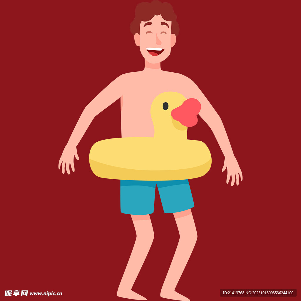 男孩套着小黄鸭游泳圈
