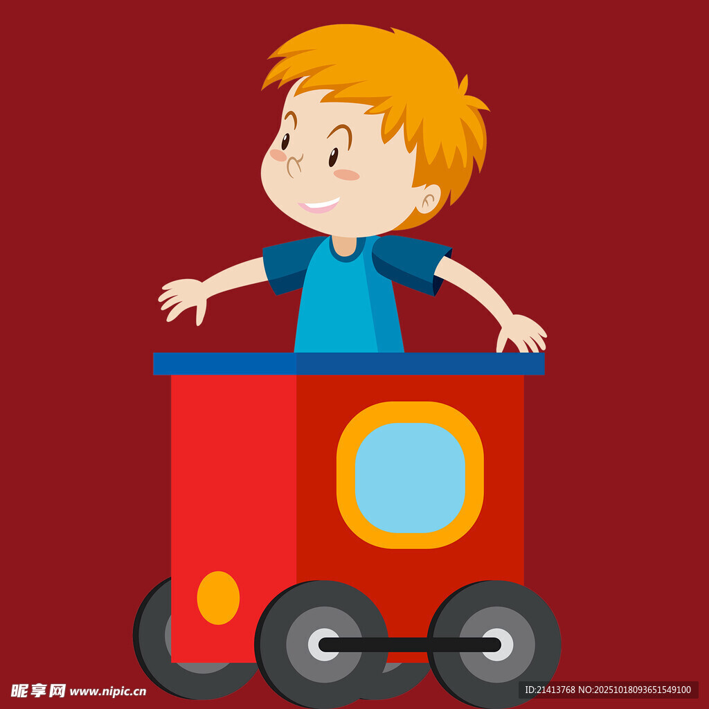 小男孩乘红色小火车