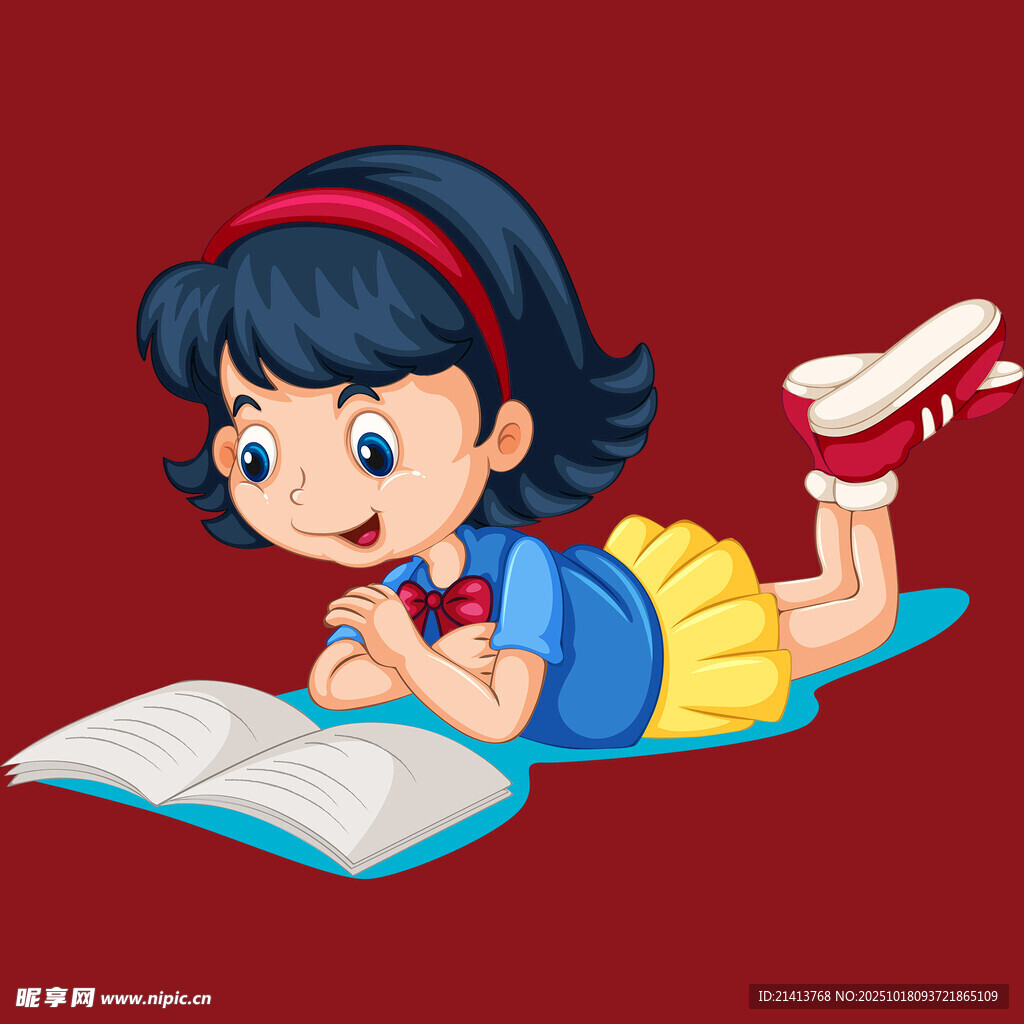 趴着看书的可爱小女孩