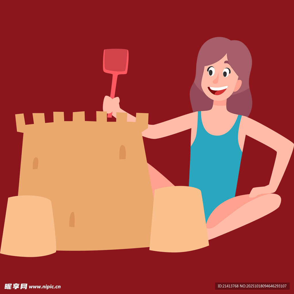 女孩开心堆沙堡