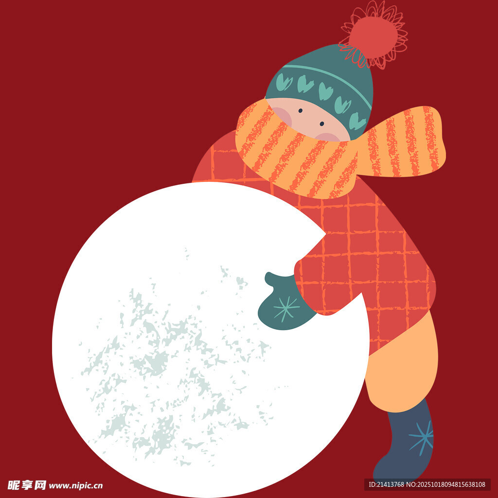 小孩推雪球的冬日场景