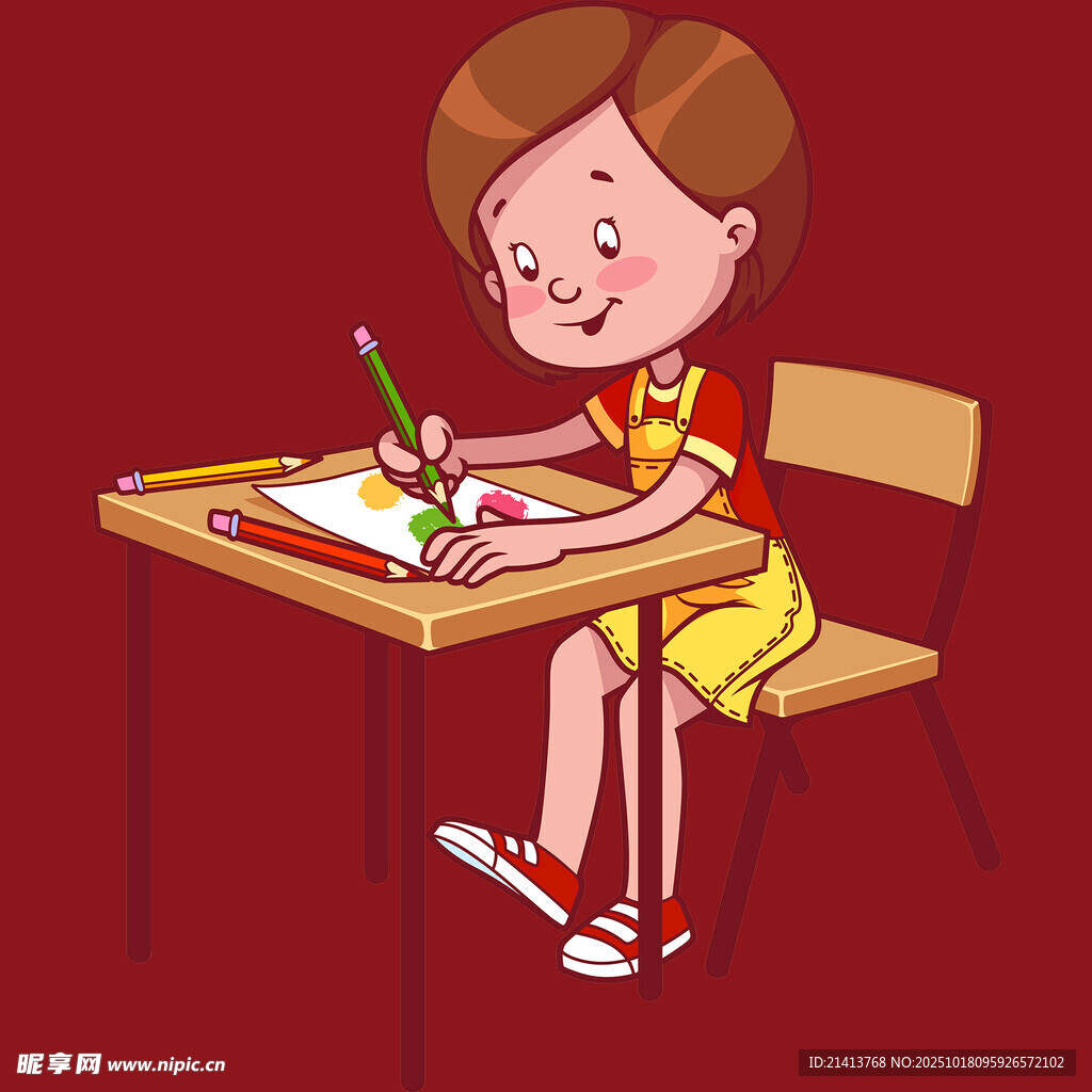 小女孩专注于桌前绘画