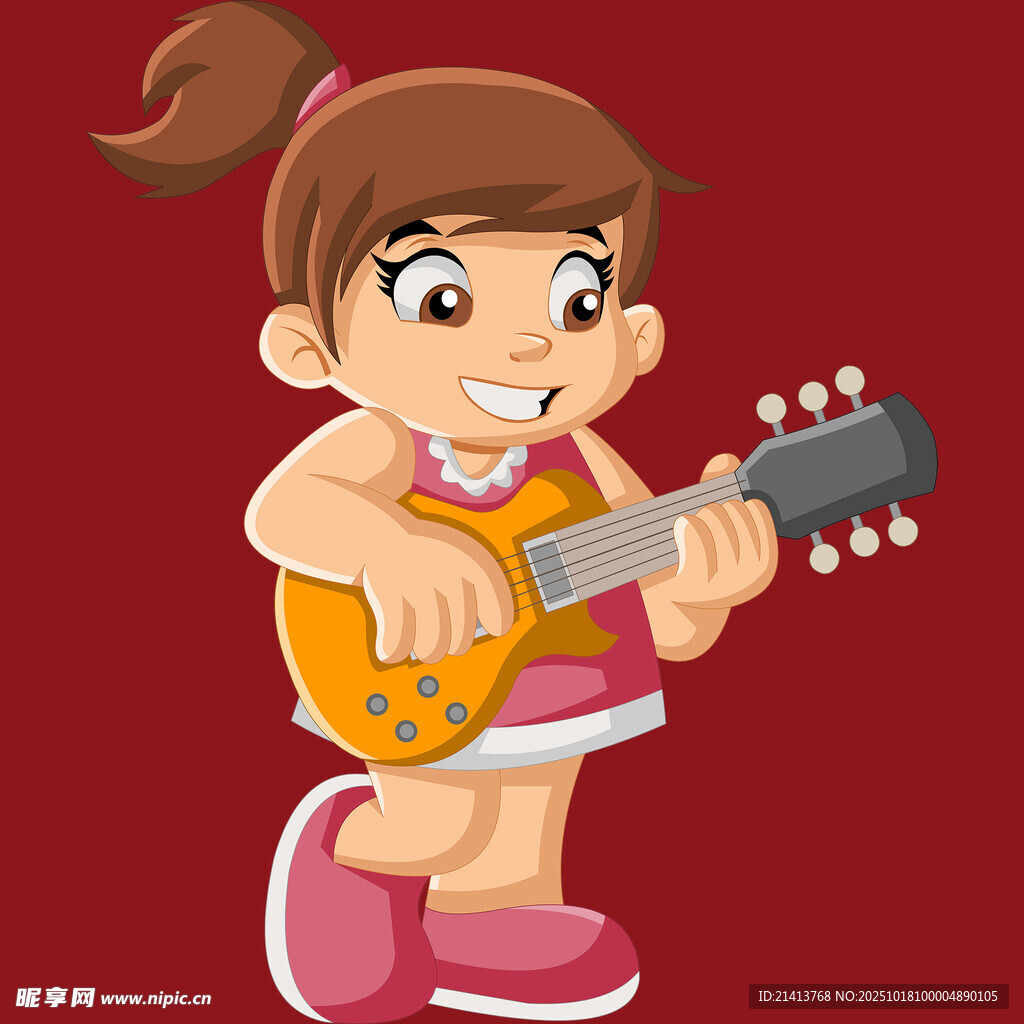 弹吉他的快乐小女孩