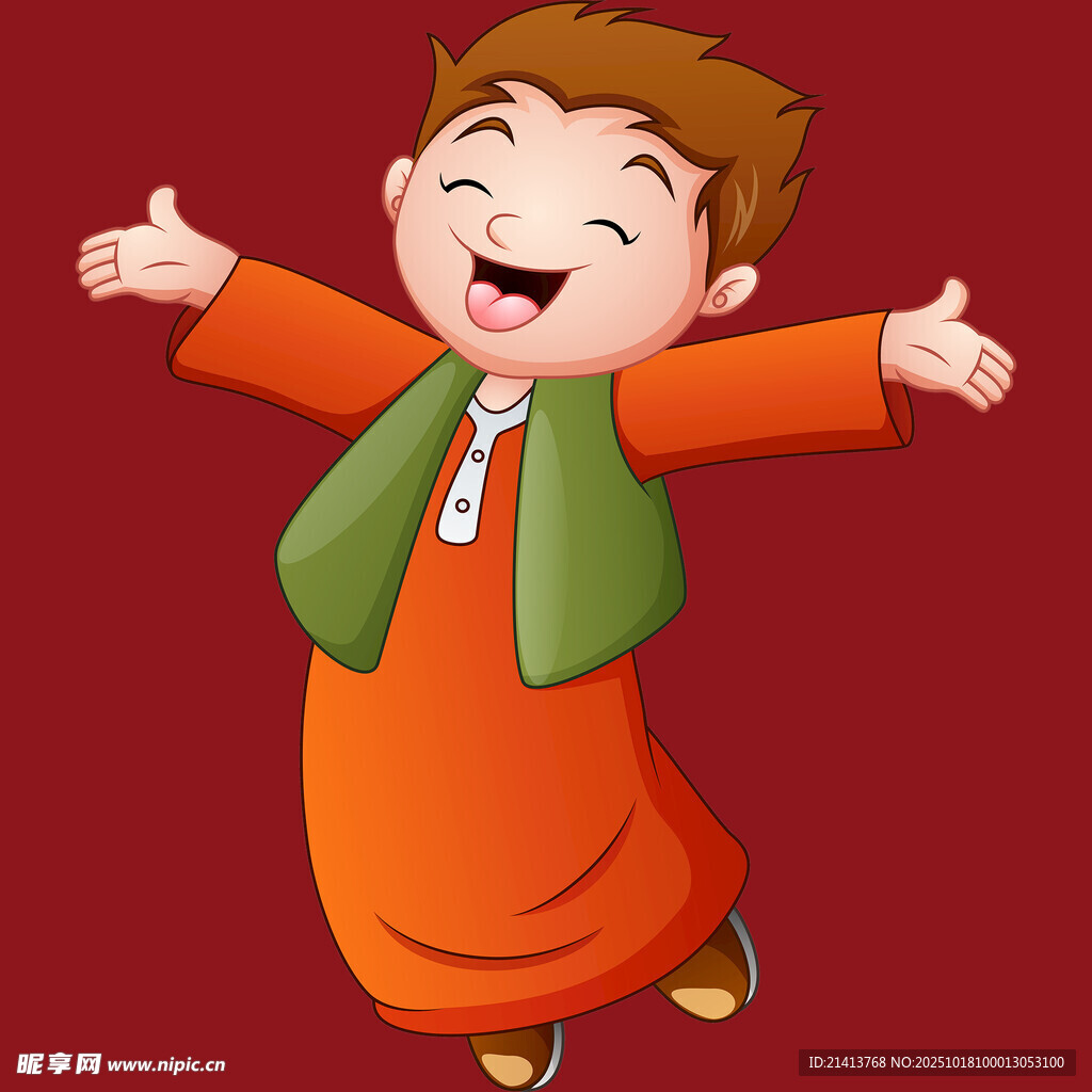 欢乐跳跃的传统服饰小男孩