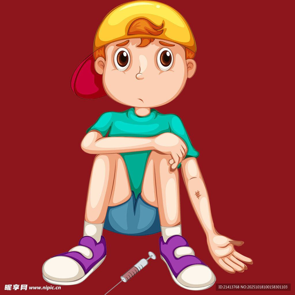 受伤男孩坐着腿上有针