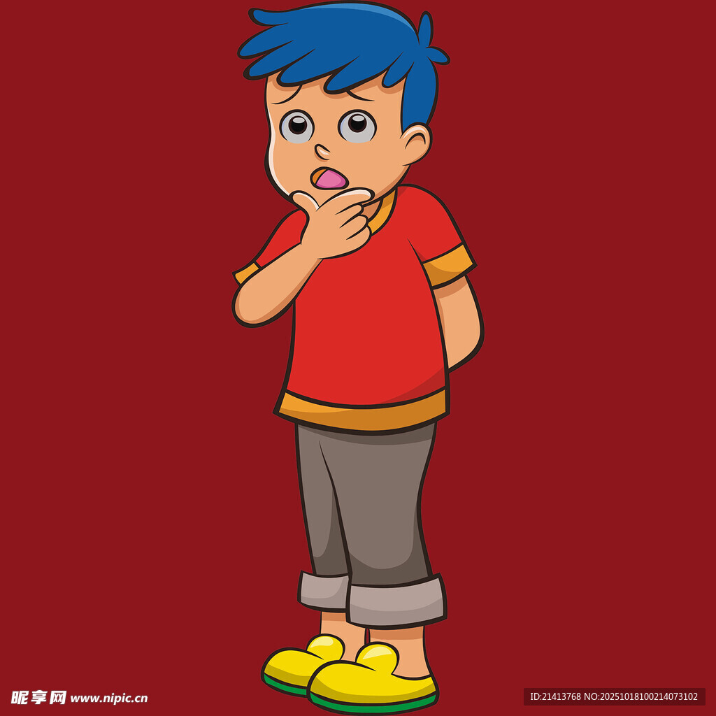 蓝发红衣小男孩俏皮模样