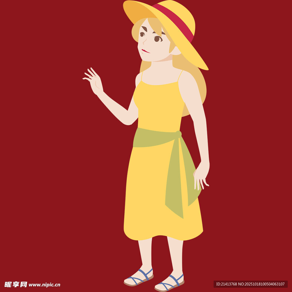 戴帽黄裙女孩优雅姿态