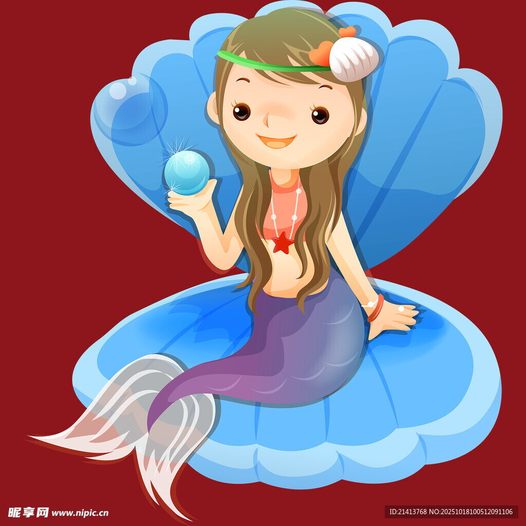 可爱小美人鱼坐在贝壳上