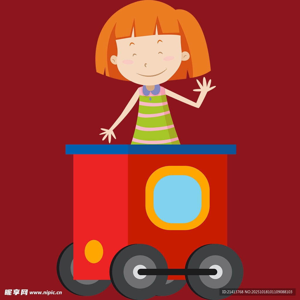 小女孩乘红色小火车