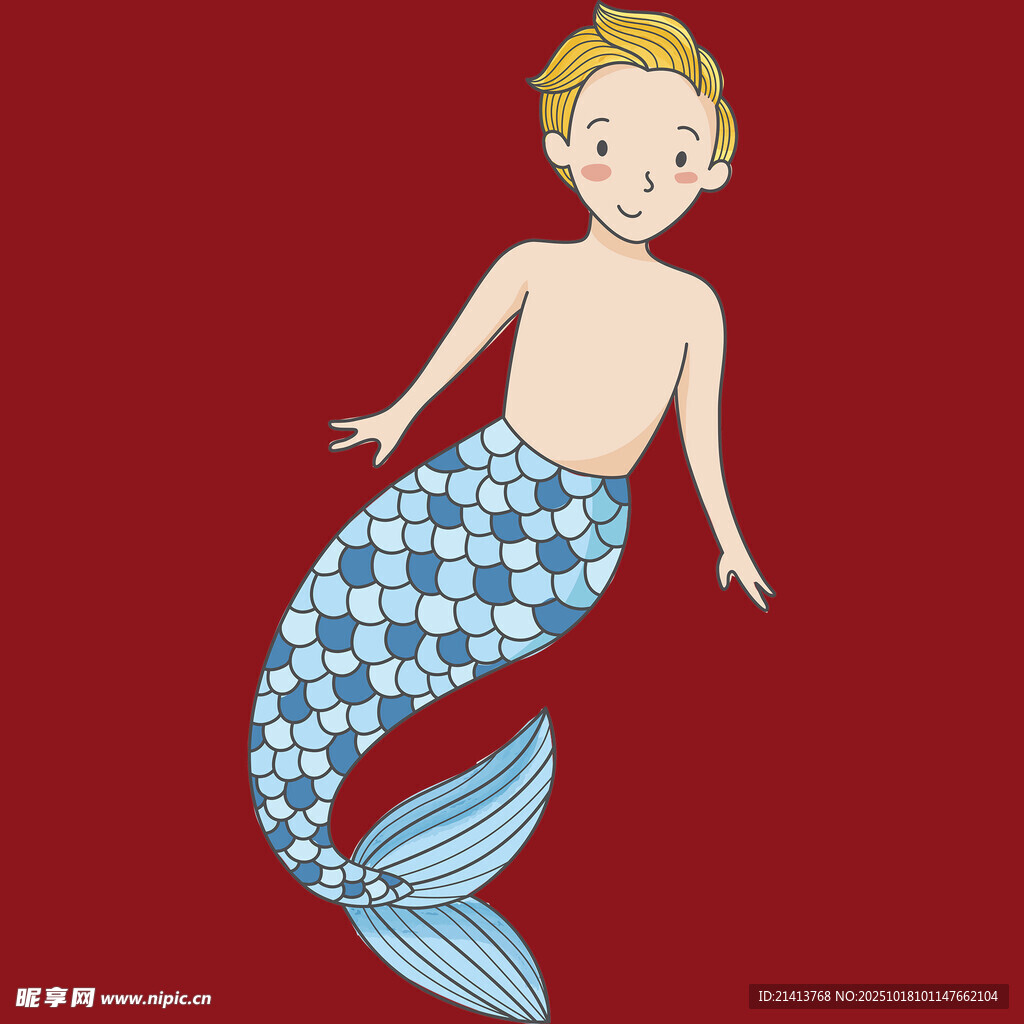 红发蓝纹男性美人鱼插画