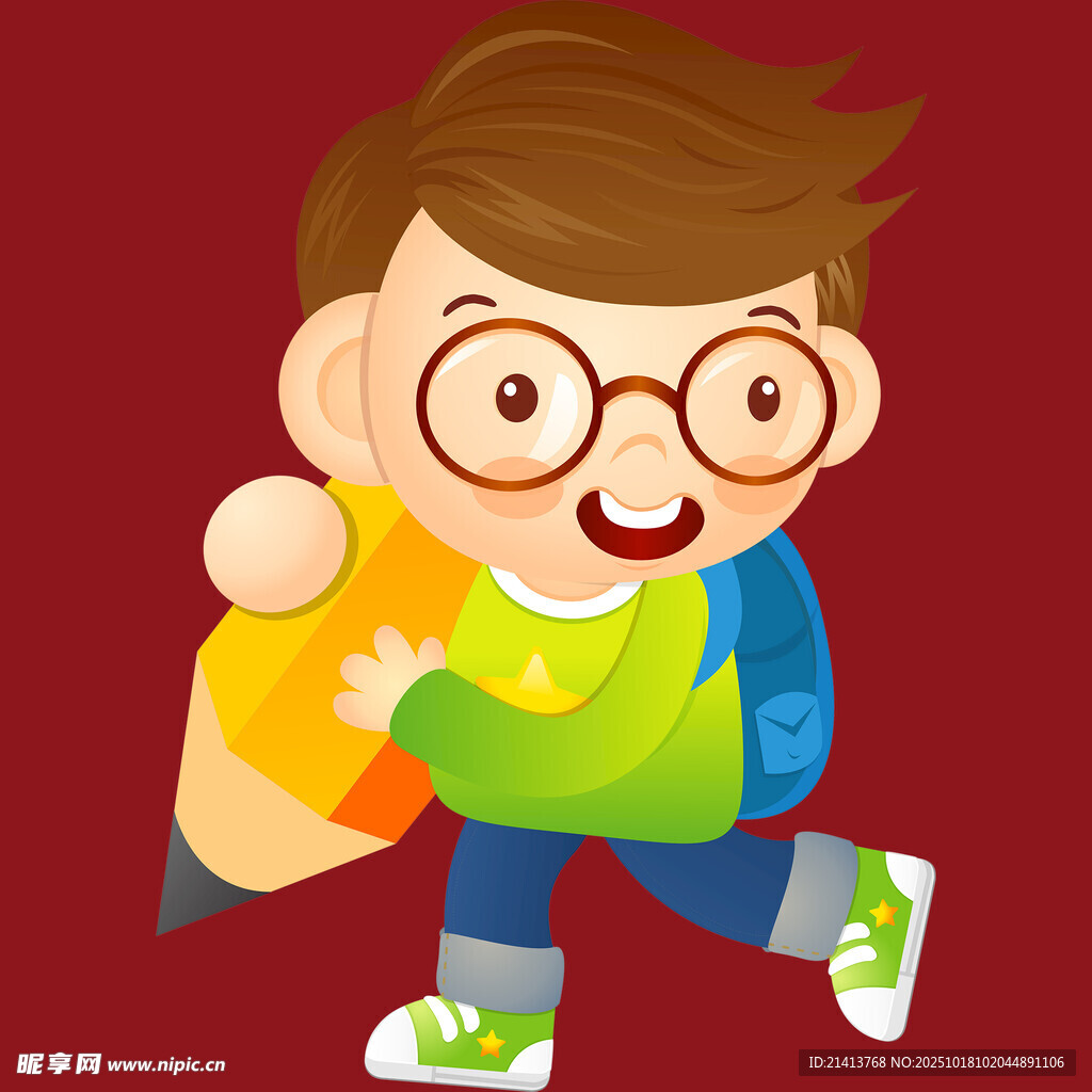 背着书包的快乐上学男孩