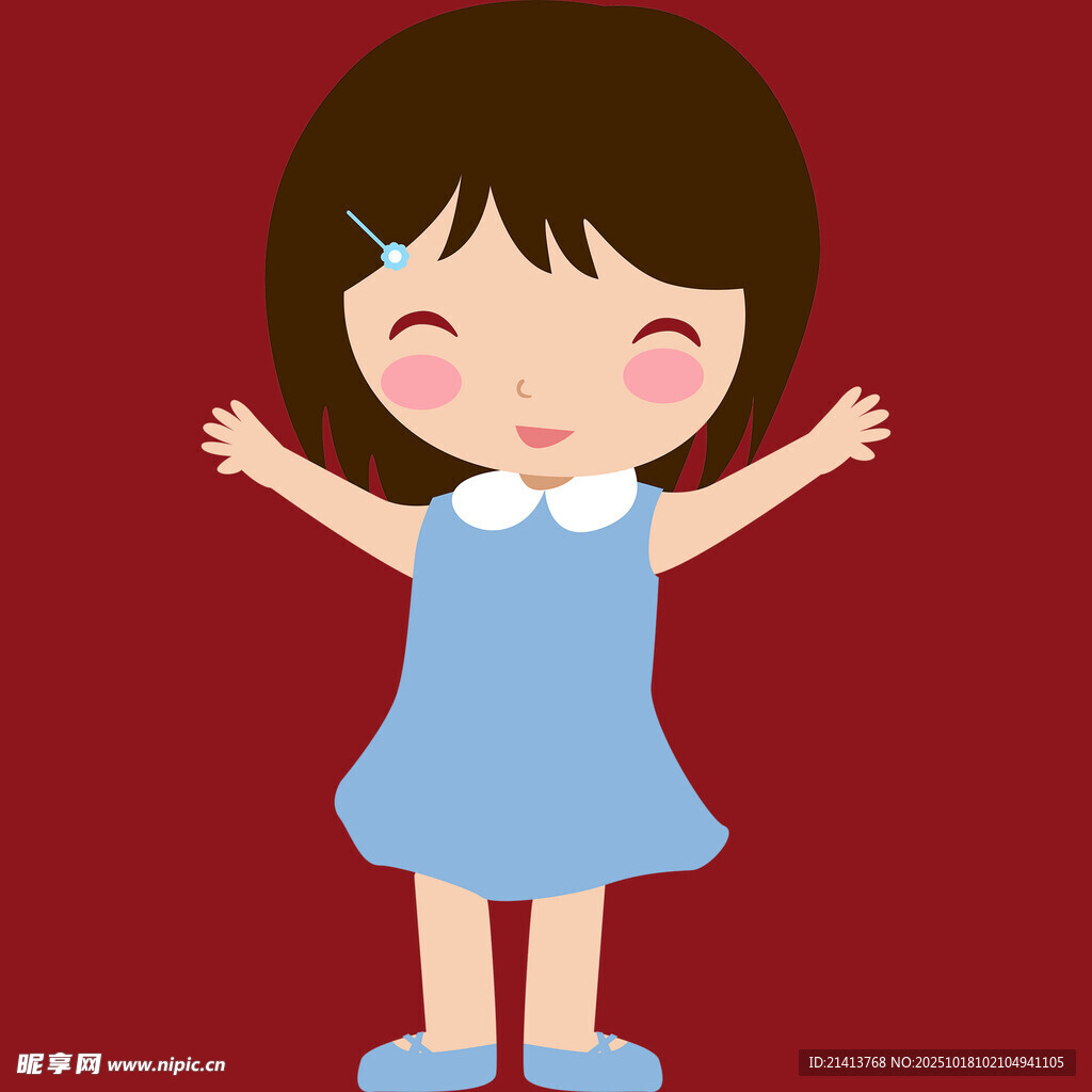 可爱蓝衣女孩开心张开双臂