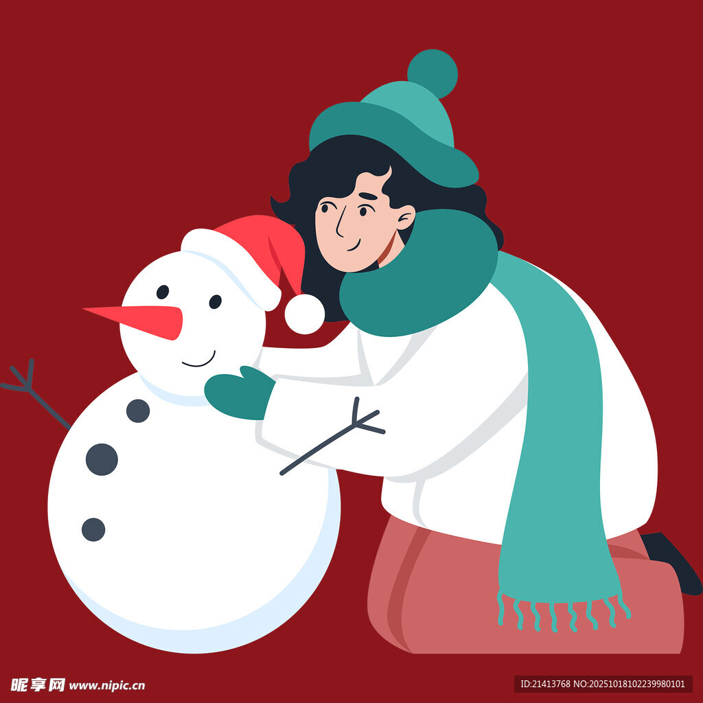 女孩开心堆雪人