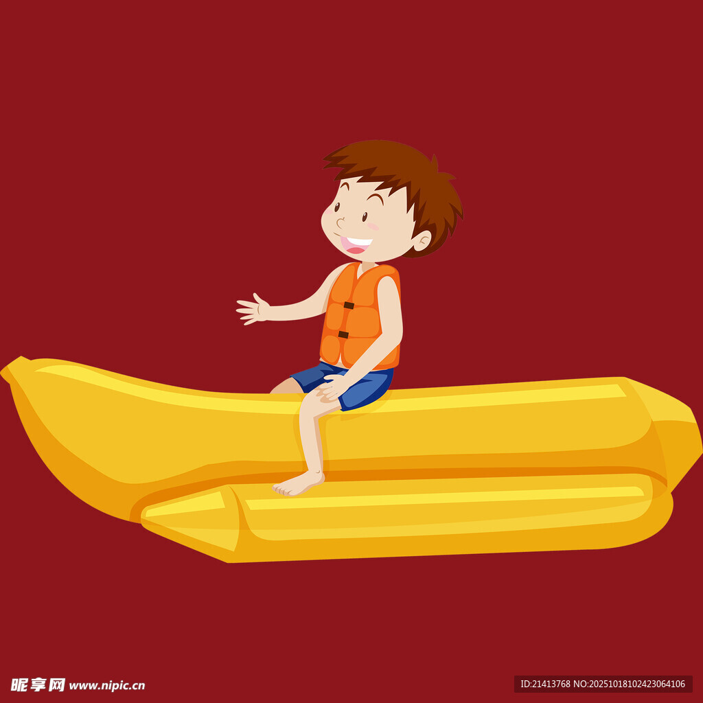 男孩坐黄色充气船玩耍