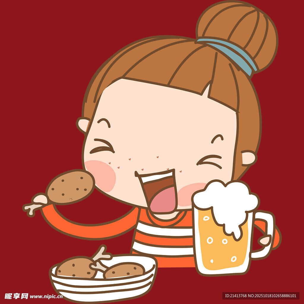 女孩开心享用美食与啤酒