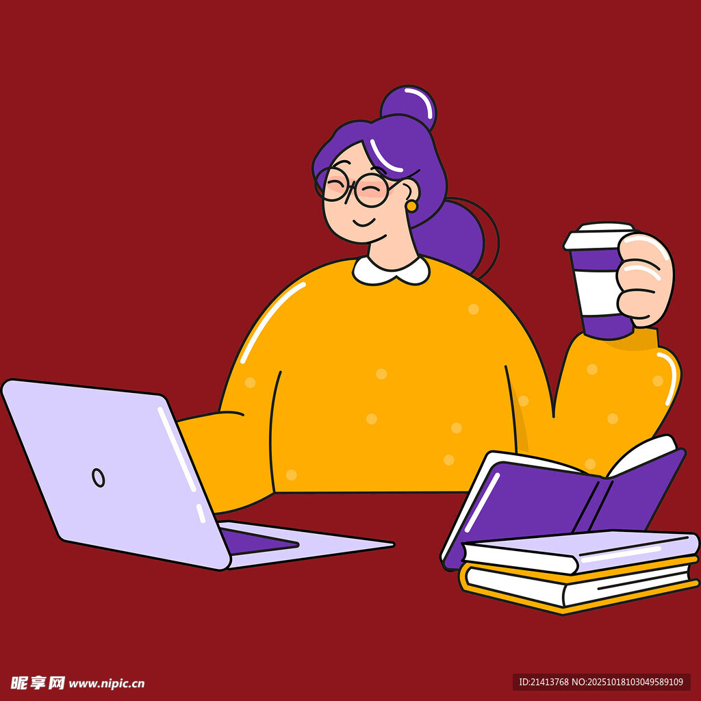 女子桌边用电脑喝咖啡看书