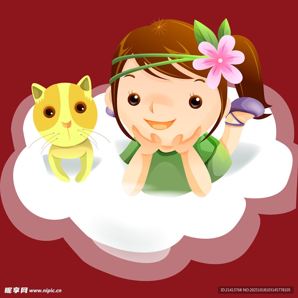 云朵上的女孩与可爱猫咪
