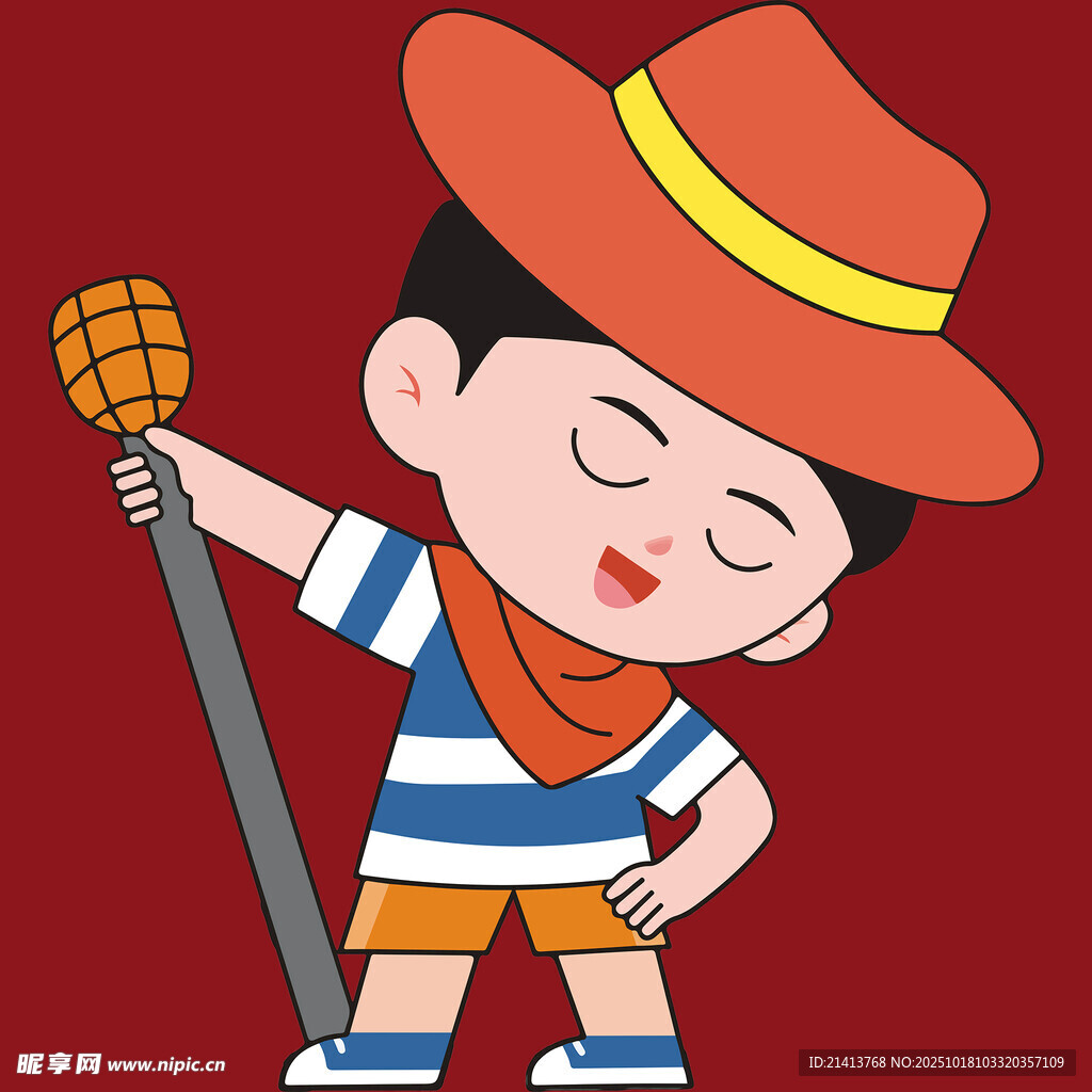 戴帽持杖的俏皮小男孩