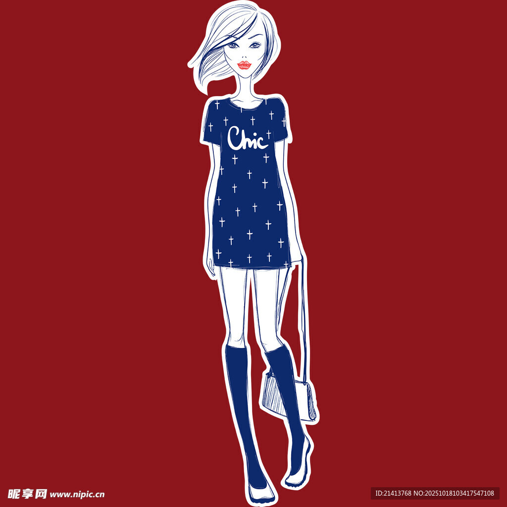 时尚蓝裙短发女孩形象