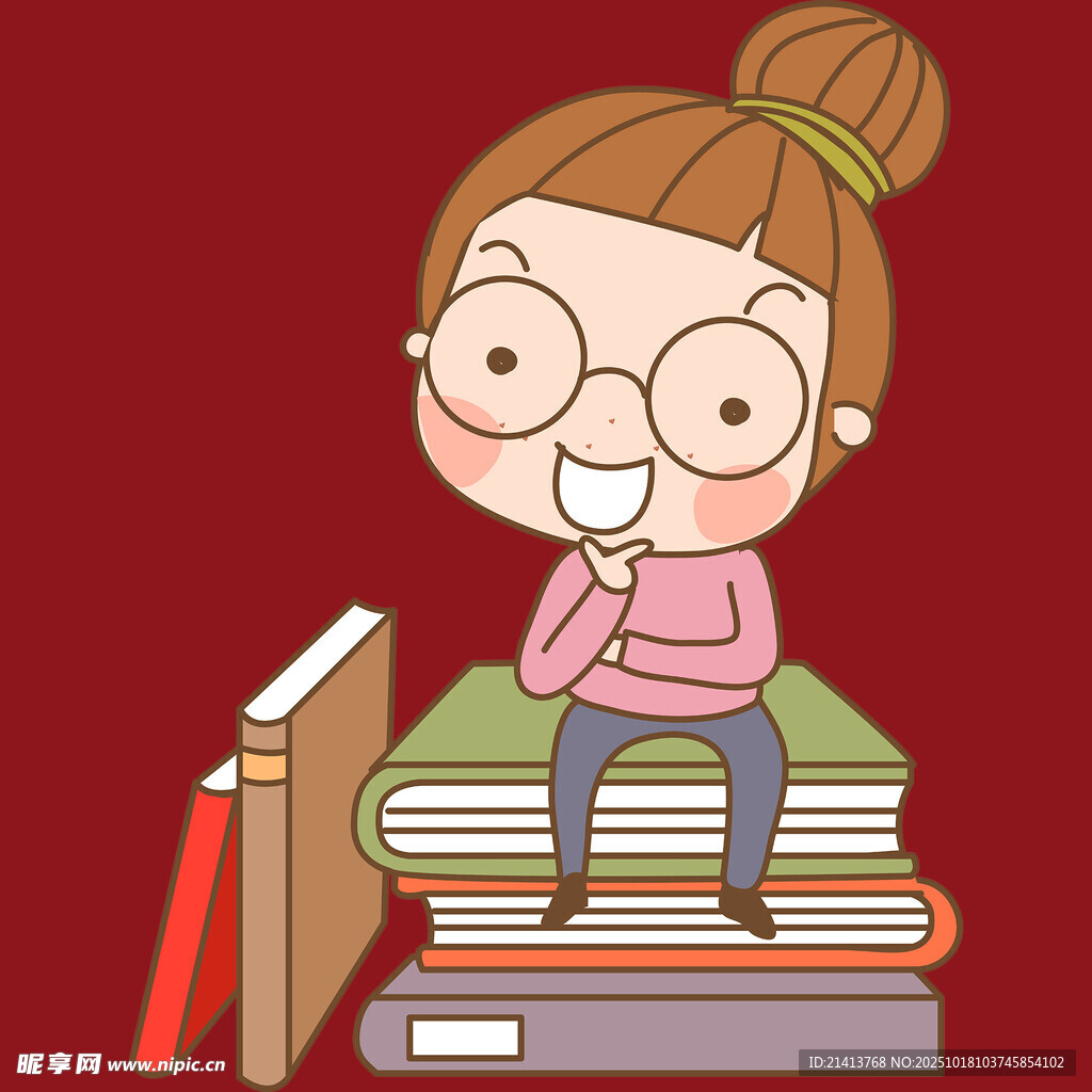 女孩惬意坐在书堆上