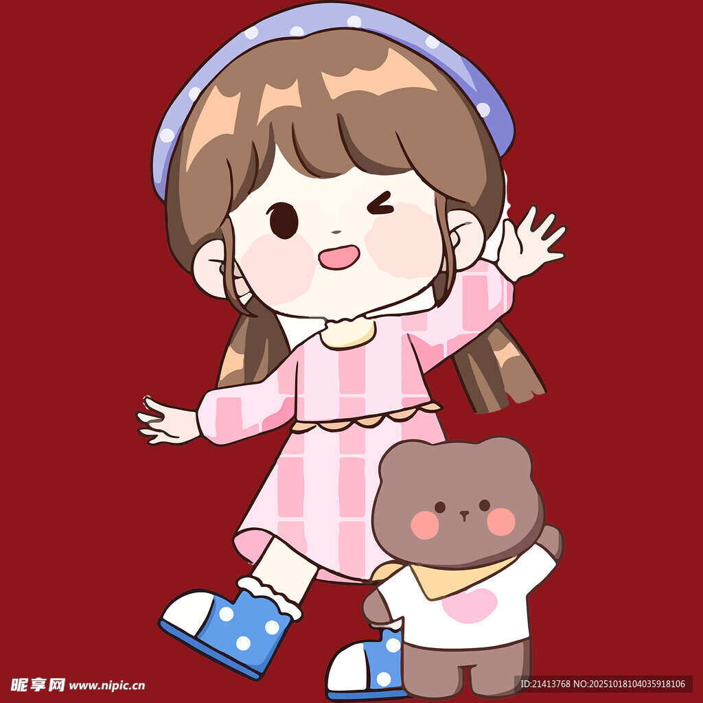 穿粉裙抱小熊的可爱女孩