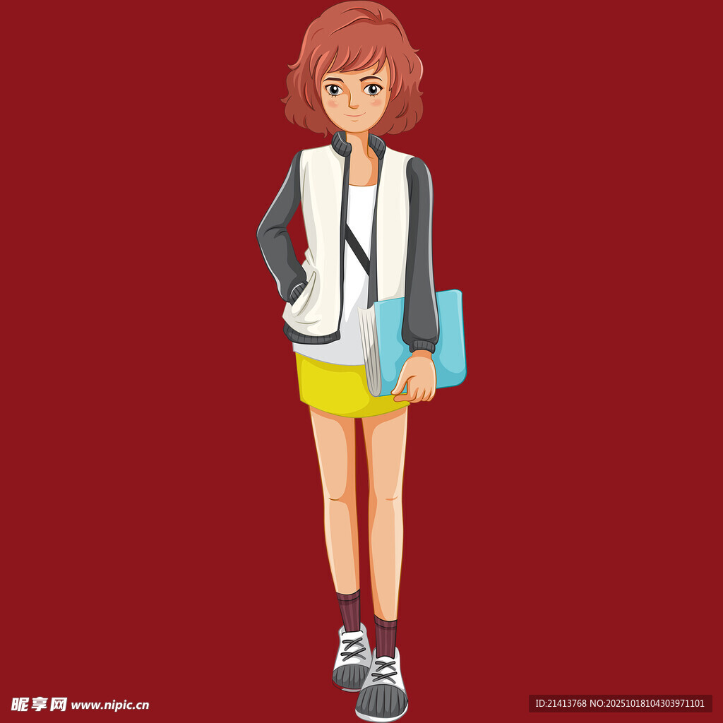 时尚女孩手持书本与挎包