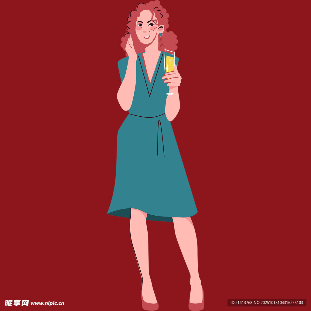 穿蓝裙手持饮品的优雅女士