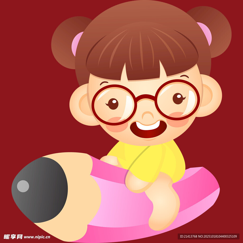 戴眼镜的小女孩抱大铅笔